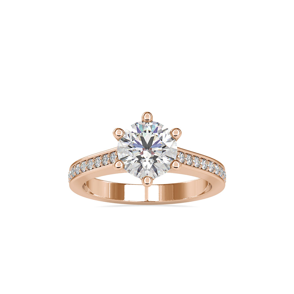 SKU: 0023 (14K) Six-Prong Round Diamond Pave Ring in Rose Gold.