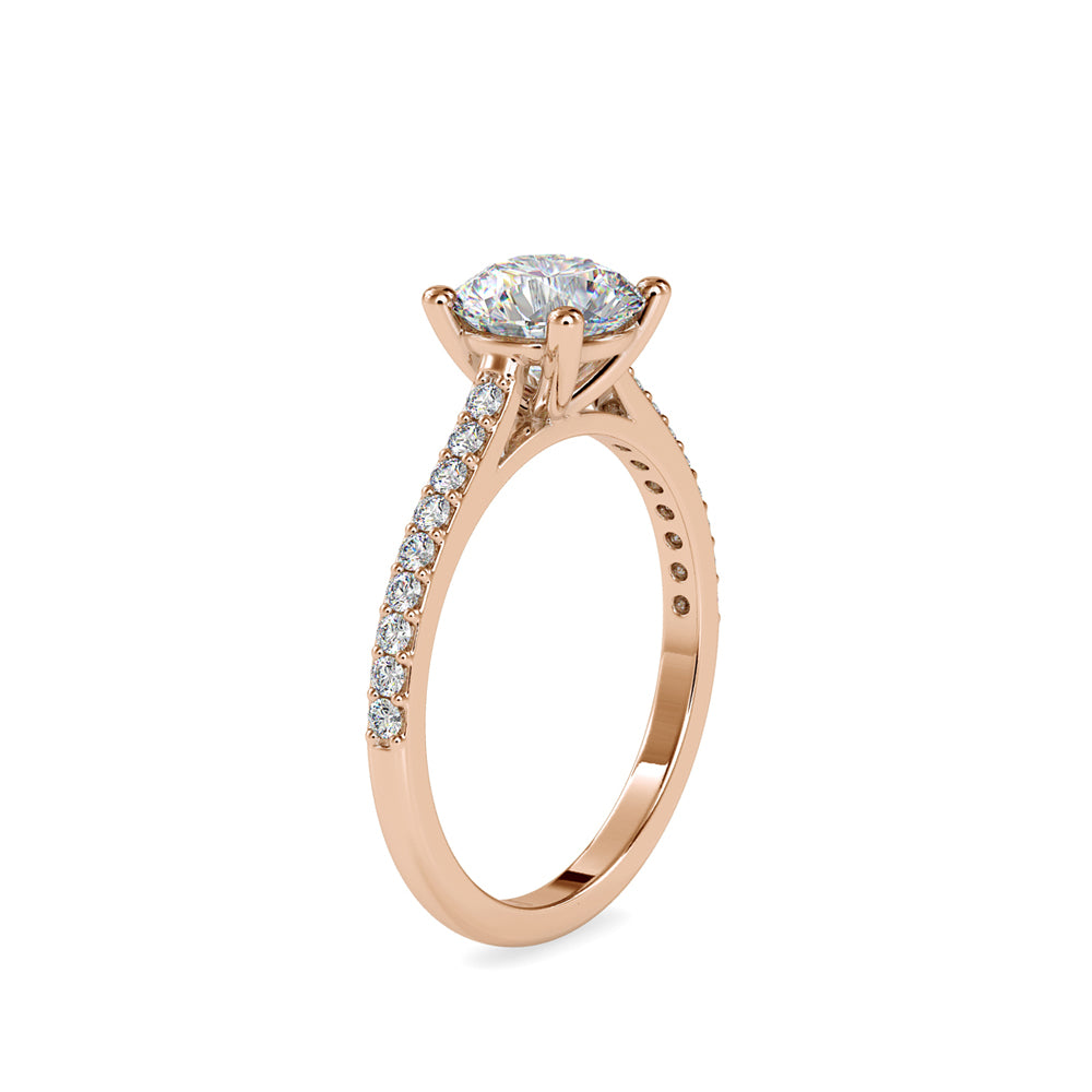 SKU: 0024 (18K) Four-Prong Round Diamond Pave Engagment Ring in Rose Gold.