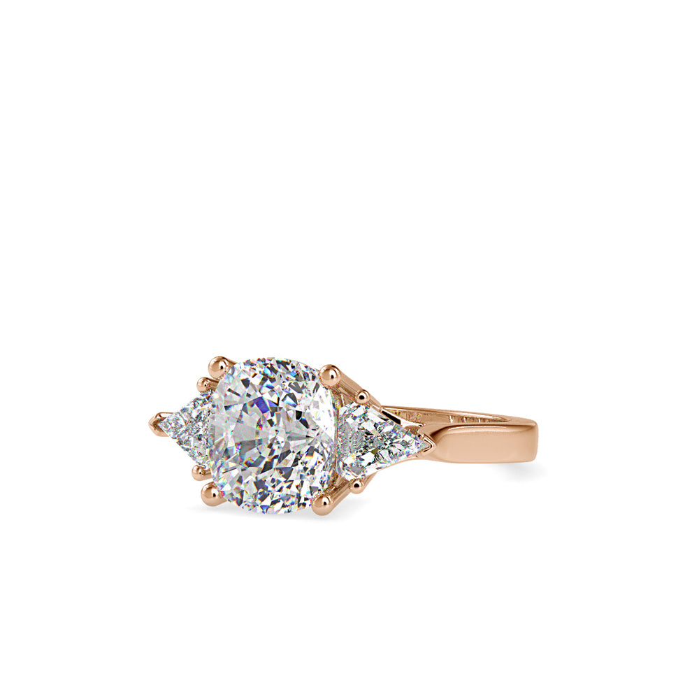 SKU: 0042 (14K) Cushion Diamond Classic Three Stone Engagment Ring In Rose Gold.