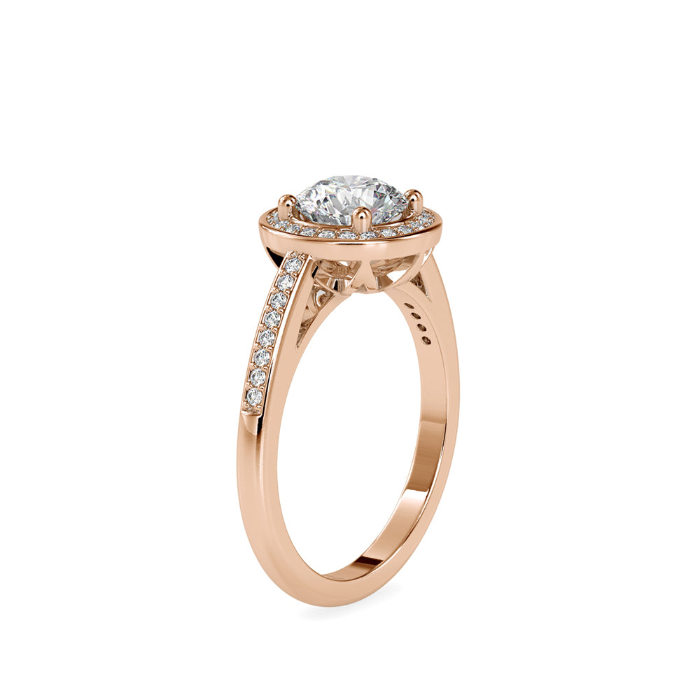 SKU: 0071 (14K) Round Radiance Halo Ring In Rose Gold.