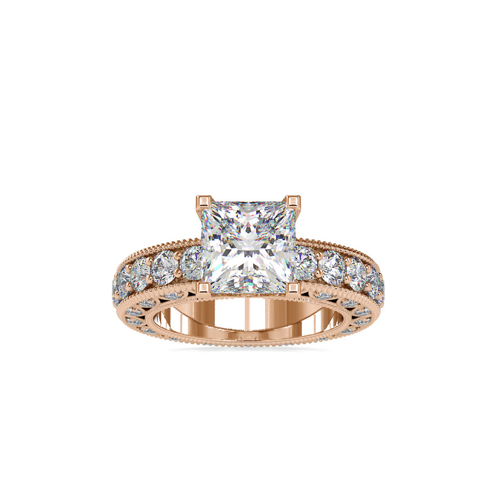 SKU: 0099 (22K) Vintage Princess-Cut Millgrain Solitaire Ring in Rose Gold.