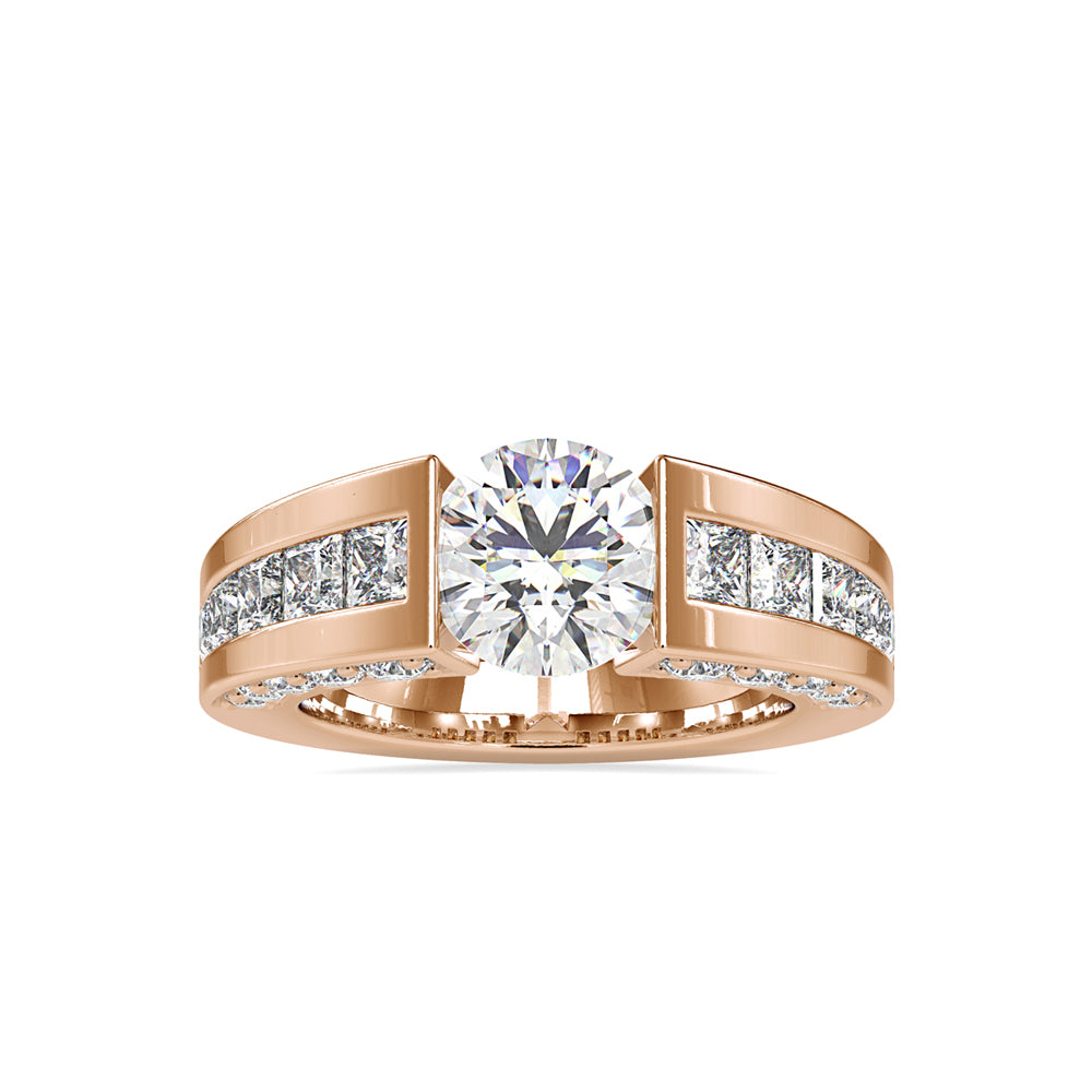 SKU: 0109 (14K) Round Tension-set Solitaire With Wide Diamond Shank Ring in Rose Gold.