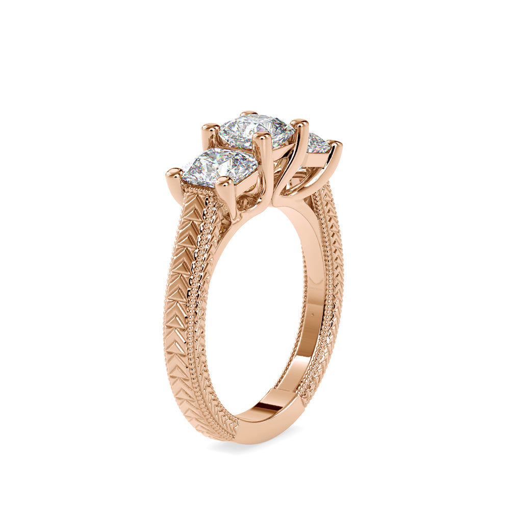 SKU: 0115 (14K) Vintage Filigree Three-Stone Engagment Ring in Rose Gold.