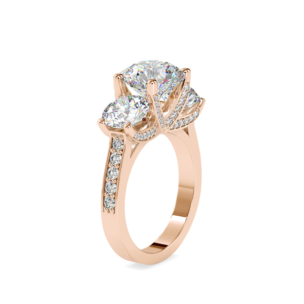 SKU: 0120 (18K) Vintage Triple-Diamond Engagment Ring in Rose Gold.