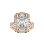 SKU: 0123 (18K) Bezel set Radiant Halo Engagment Ring in Rose Gold.