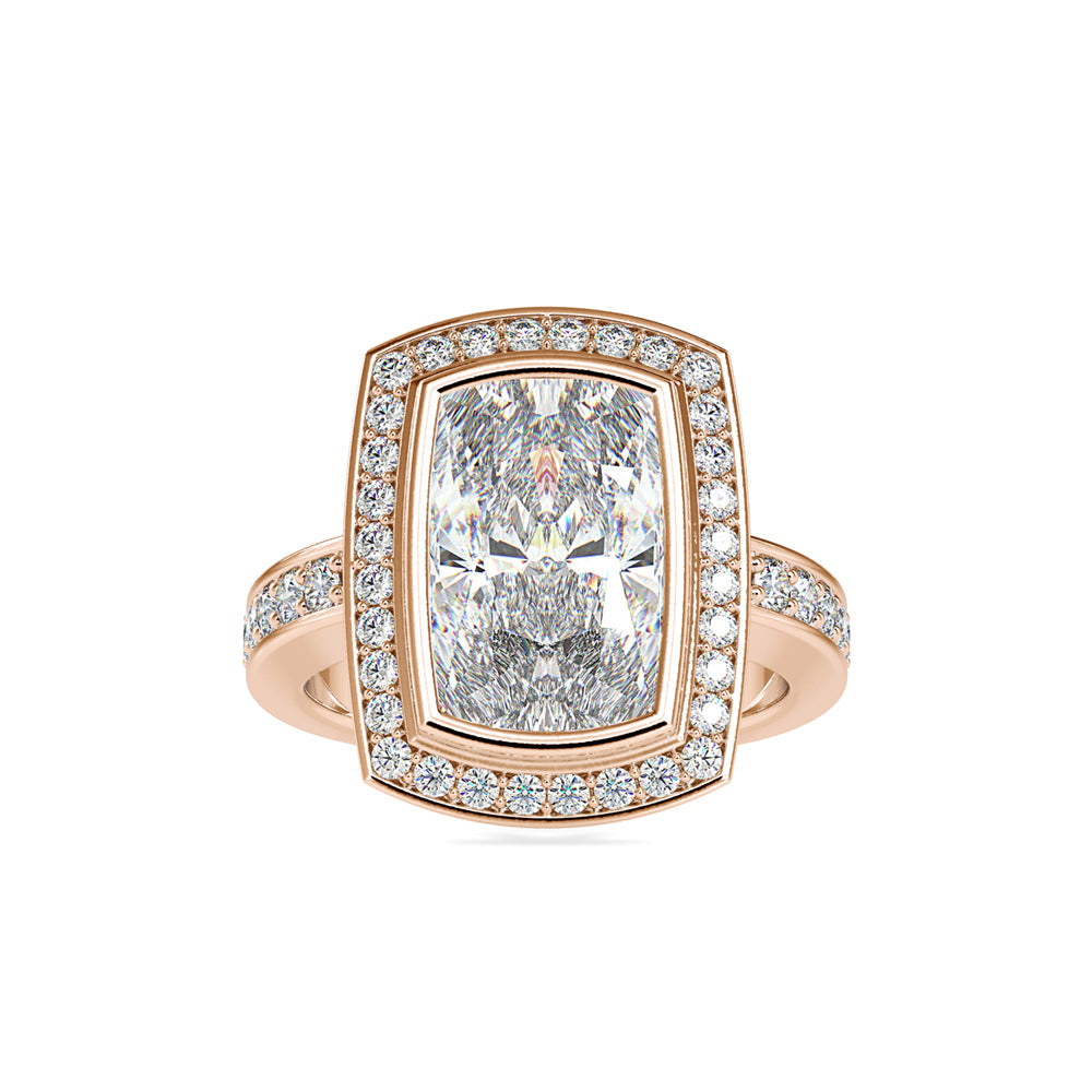 SKU: 0123 (22K) Bezel set Radiant Halo Engagment Ring in Rose Gold.