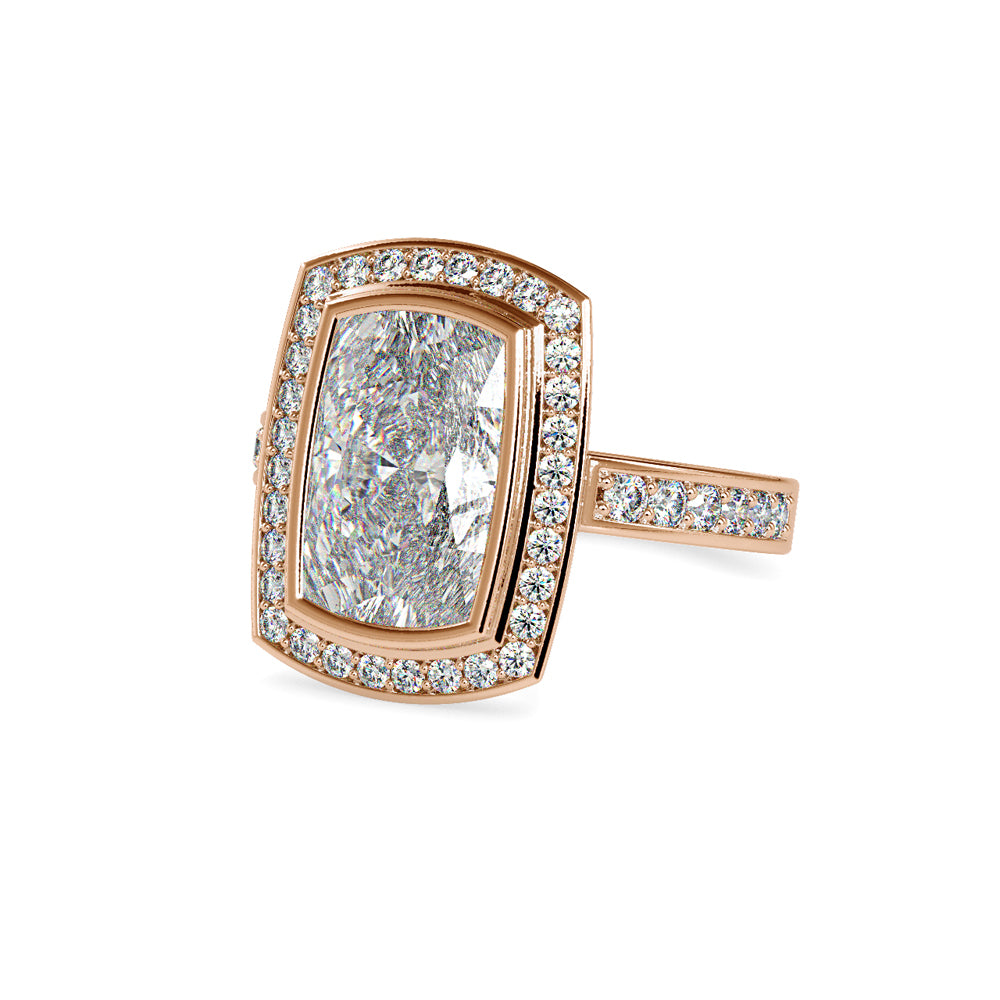 SKU: 0123 (22K) Bezel set Radiant Halo Engagment Ring in Rose Gold.