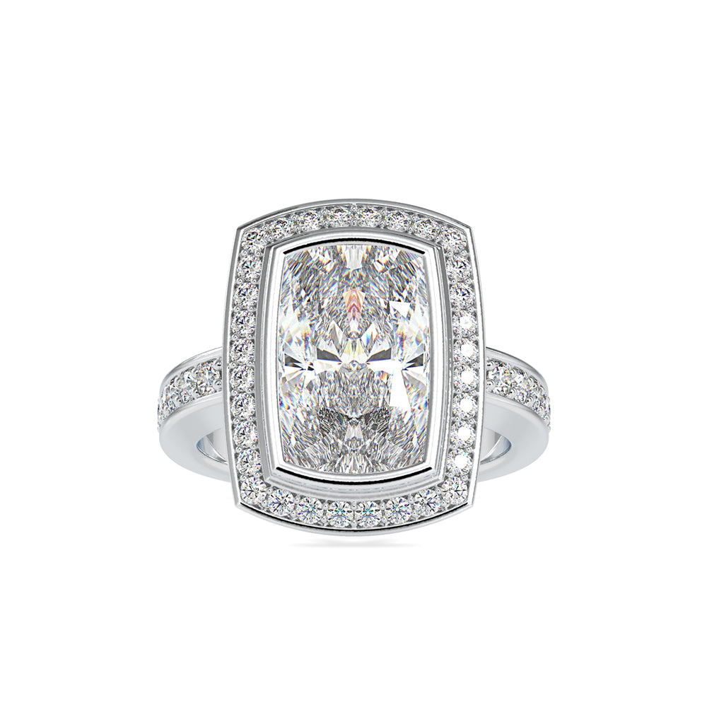 SKU: 0123 (14K) Bezel set Radiant Halo Engagment Ring in Rose Gold.