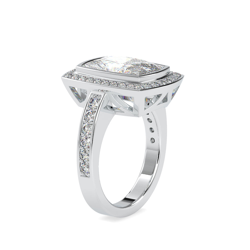 SKU: 0123 (10K) Bezel set Radiant Halo Engagment Ring in Rose Gold.