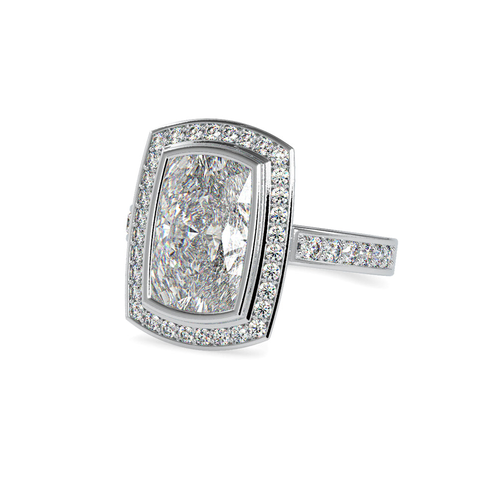 SKU: 0123 (22K) Bezel set Radiant Halo Engagment Ring in Rose Gold.