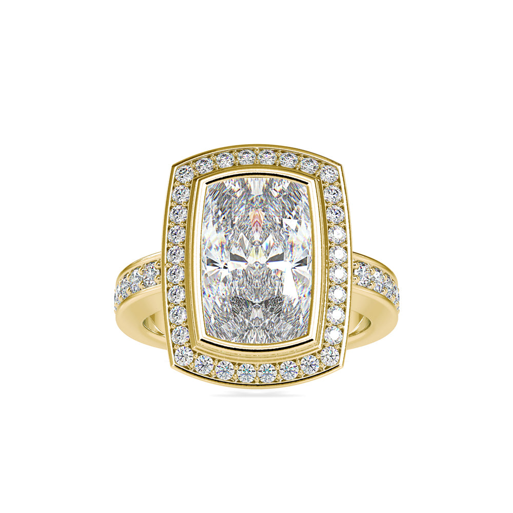 SKU: 0123 (22K) Bezel set Radiant Halo Engagment Ring in Rose Gold.