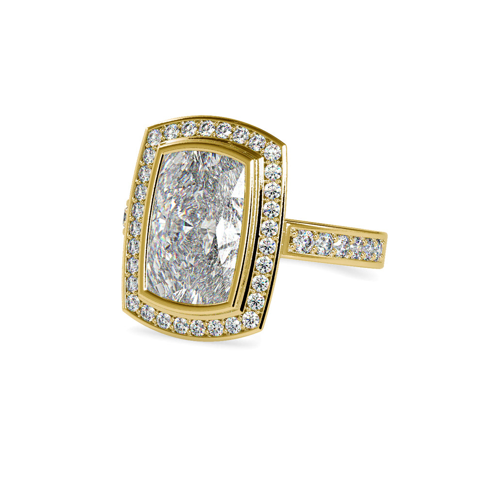 SKU: 0123 (14K) Bezel set Radiant Halo Engagment Ring in Rose Gold.