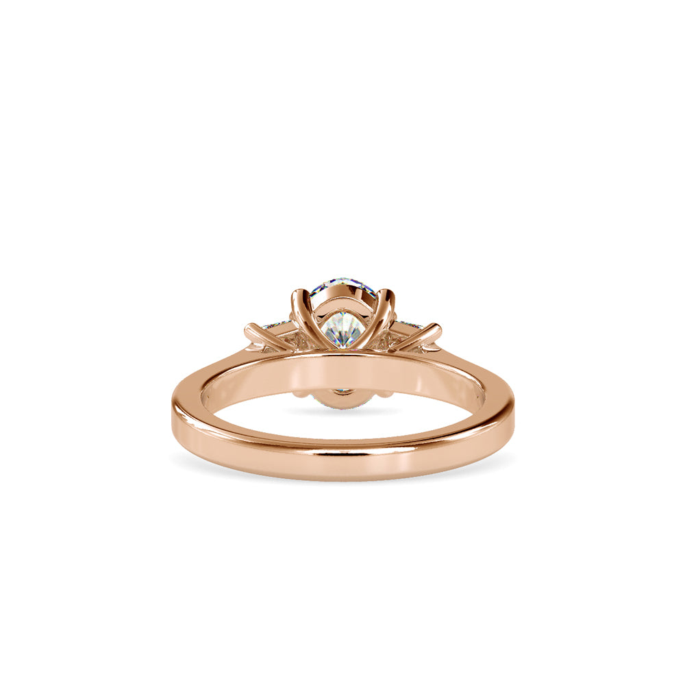 SKU: 0157 (10K) Two-tone Three-Stone Engagment Ring in Rose Gold.