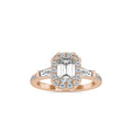 SKU: 0190 (10K) Emerald-Cut Halo Three-Stone Engagment Ring in Rose Gold.