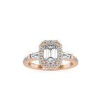 SKU: 0190 (22K) Emerald-Cut Halo Three-Stone Engagment Ring in Rose Gold.