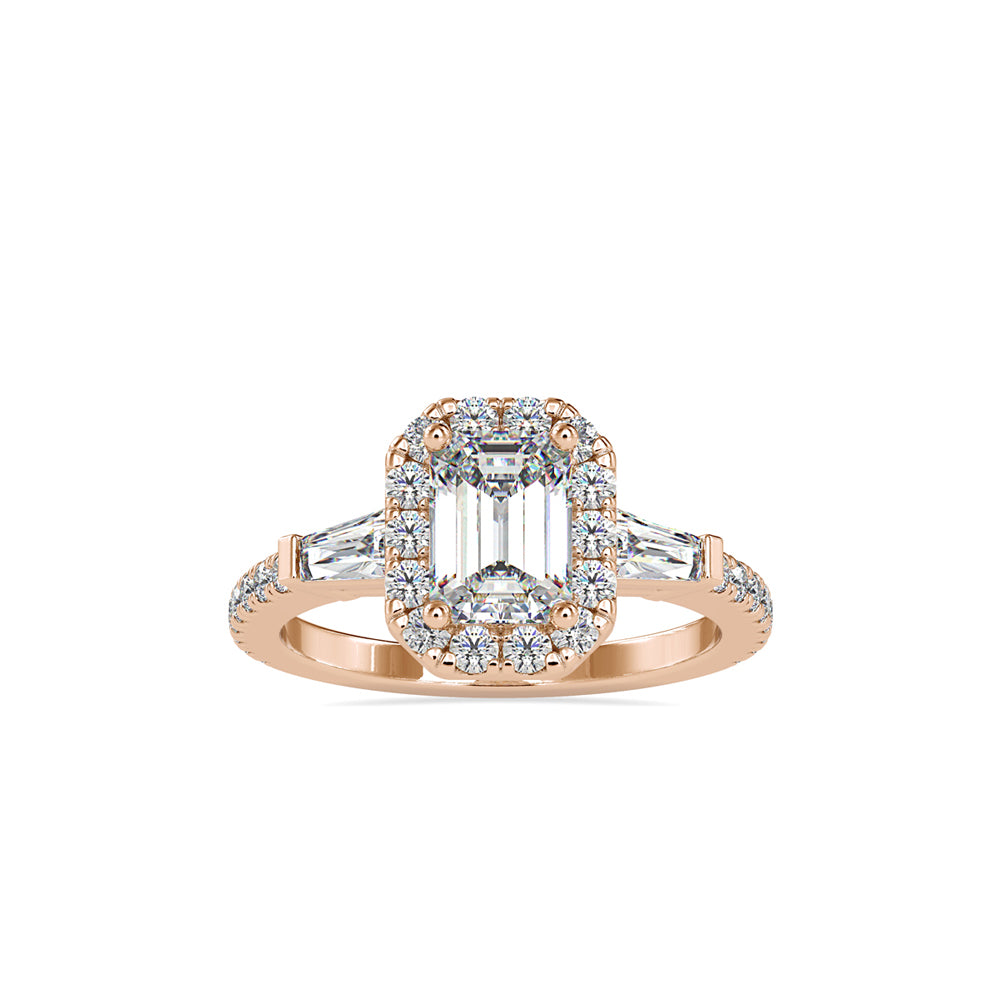 SKU: 0190 (14K) Emerald-Cut Halo Three-Stone Engagment Ring in Rose Gold.