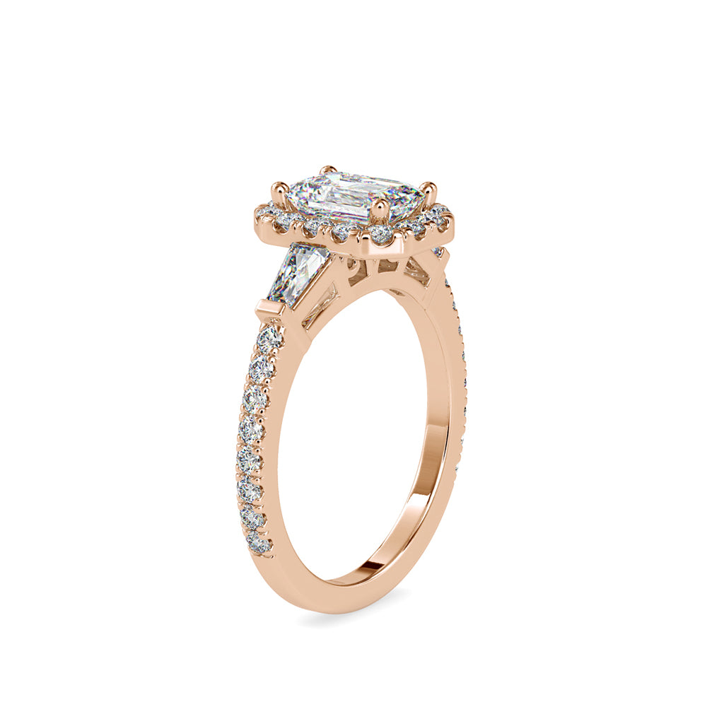SKU: 0190 (18K) Emerald-Cut Halo Three-Stone Engagment Ring in Rose Gold.