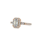 SKU: 0190 (18K) Emerald-Cut Halo Three-Stone Engagment Ring in Rose Gold.