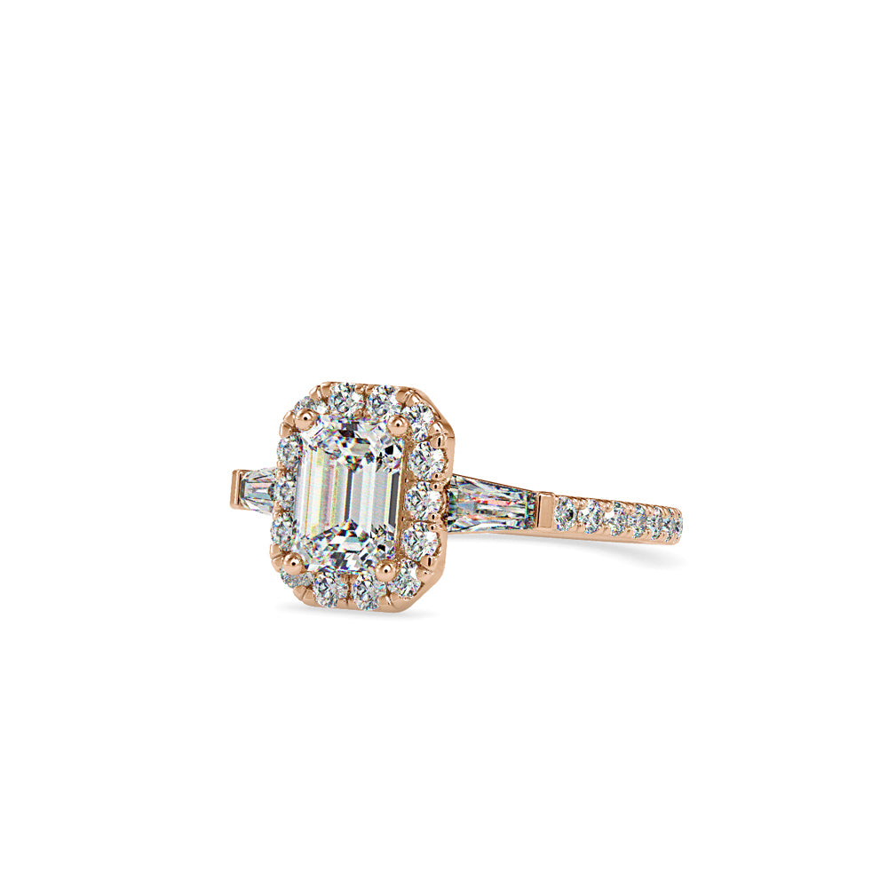SKU: 0190 (14K) Emerald-Cut Halo Three-Stone Engagment Ring in Rose Gold.
