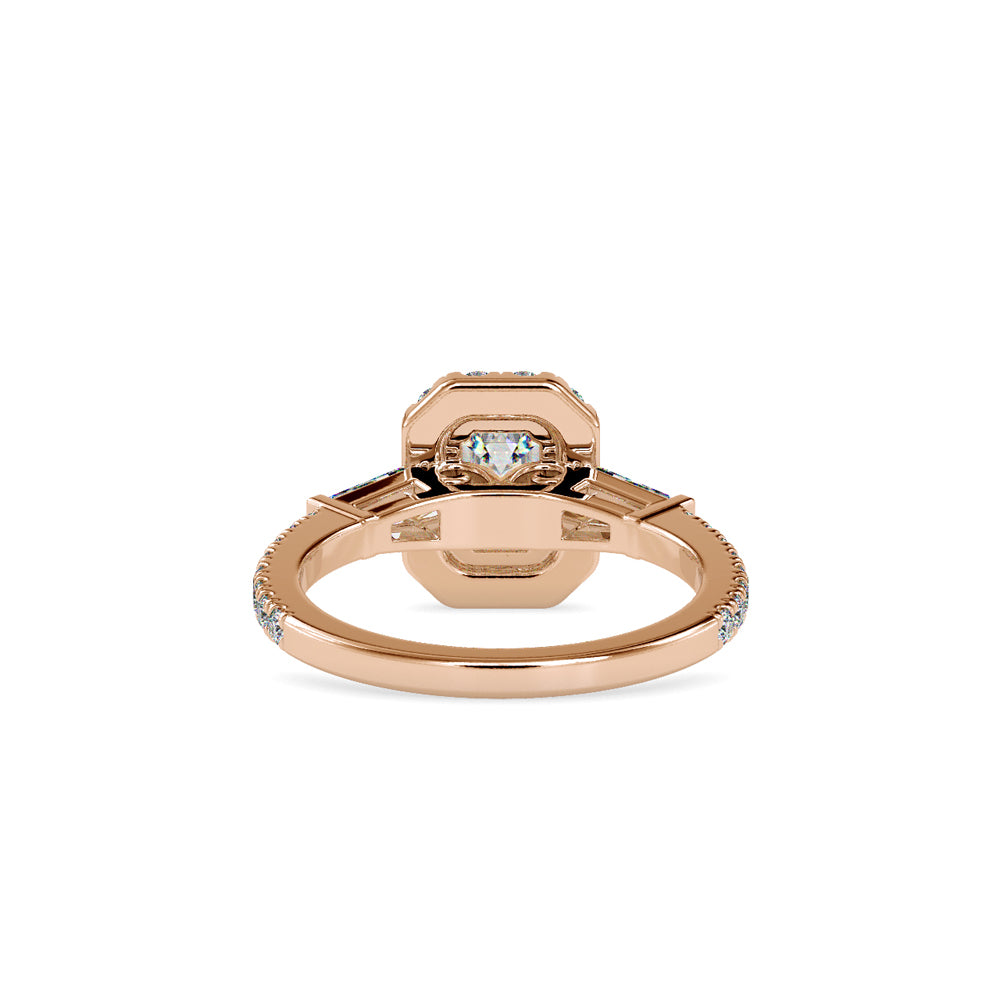 SKU: 0190 (14K) Emerald-Cut Halo Three-Stone Engagment Ring in Rose Gold.
