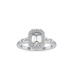 SKU: 0190 (10K) Emerald-Cut Halo Three-Stone Engagment Ring in Rose Gold.