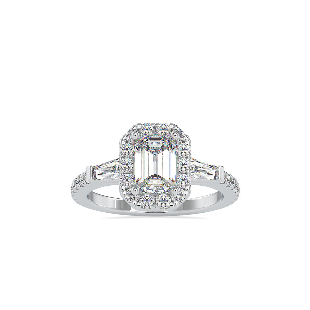 SKU: 0190 (18K) Emerald-Cut Halo Three-Stone Engagment Ring in Rose Gold.