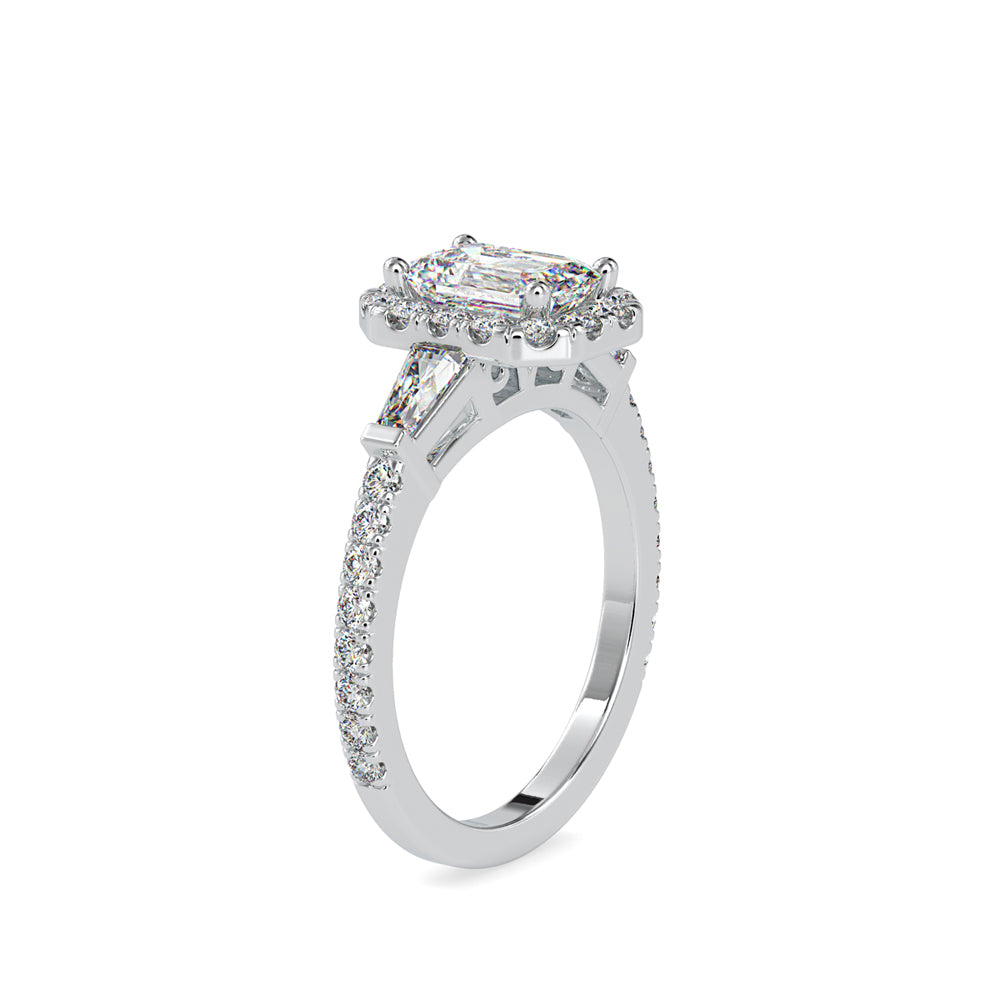 SKU: 0190 (18K) Emerald-Cut Halo Three-Stone Engagment Ring in Rose Gold.