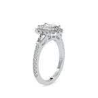 SKU: 0190 (10K) Emerald-Cut Halo Three-Stone Engagment Ring in Rose Gold.
