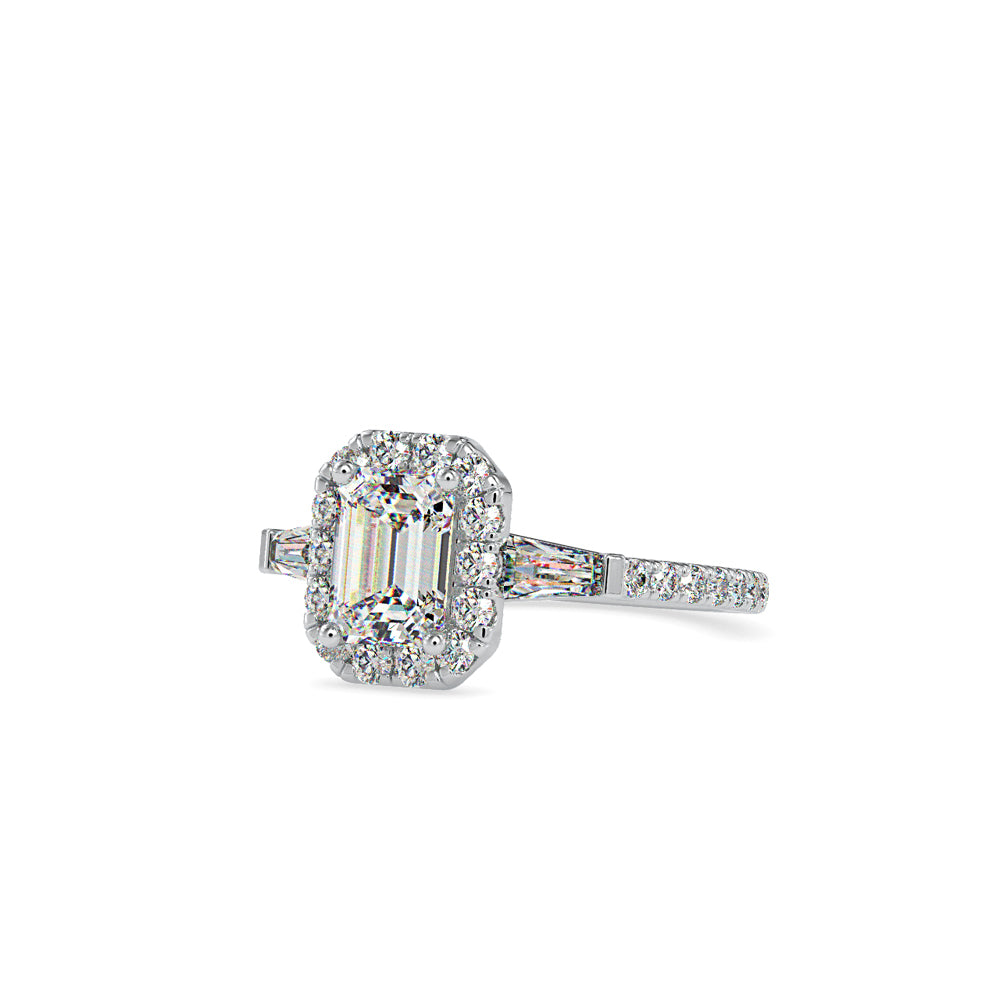 SKU: 0190 (22K) Emerald-Cut Halo Three-Stone Engagment Ring in Rose Gold.