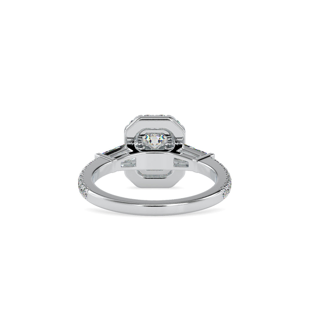SKU: 0190 (14K) Emerald-Cut Halo Three-Stone Engagment Ring in Rose Gold.