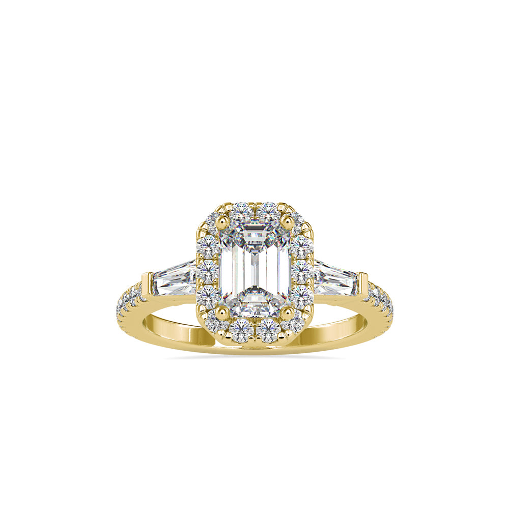 SKU: 0190 (22K) Emerald-Cut Halo Three-Stone Engagment Ring in Rose Gold.