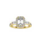 SKU: 0190 (10K) Emerald-Cut Halo Three-Stone Engagment Ring in Rose Gold.