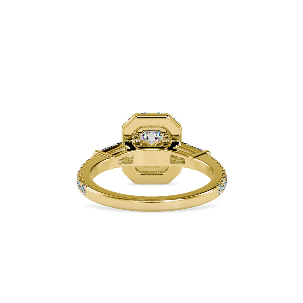 SKU: 0190 (18K) Emerald-Cut Halo Three-Stone Engagment Ring in Rose Gold.