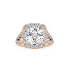 SKU: 0192 (10K) Cushion-cut Split Shank Halo Engagment Ring in Rose Gold.