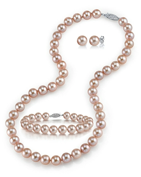 7-8mm Pink Freshwater Pearl Necklace, Bracelet & Earrings